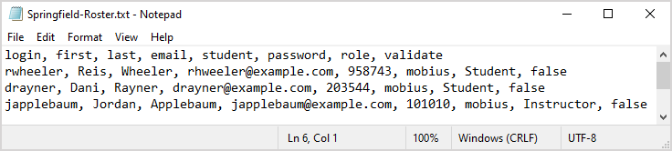 A sample comma separated text file to be used as a user roster file.